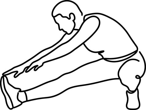Continuous one line drawing of a person doing a hamstring stretch exercise.