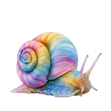 Whimsical watercolor garden snail with spiral shell, isolated on transparent background