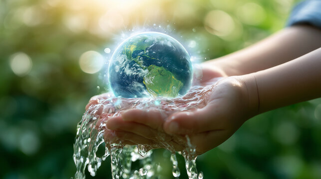 Water Conservation Earth Day Concept with Hands Holding Globe and Water Drop for Sustainable Environment