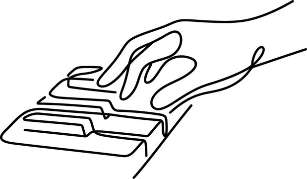 Continuous one line drawing of a human hand playing piano keys.