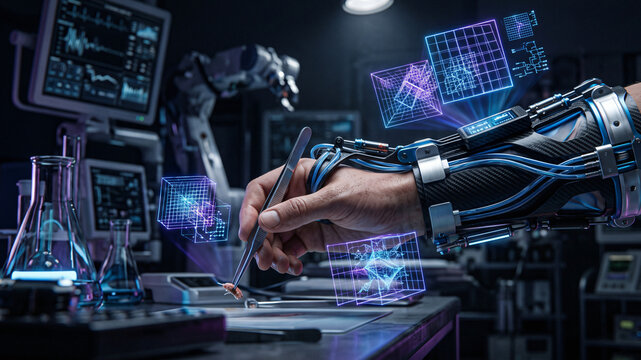 HDR photography of a surgical exoskeleton glove handling a biopsy sample projecting glowing neon abstract spatial data cubes