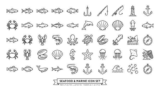 Fish Icon Set Seafood and Marine Vector Illustration Collection