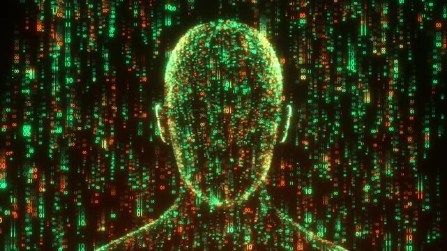 Futuristic seamless loop of a digital human head. Abstract matrix background with binary code numbers falling around a man head, creative concept for artificial intelligence and cyber security
