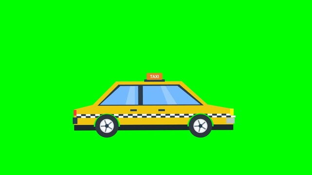 Animated sprite sheet of a yellow taxi cab driving, ideal for 2D games and motion graphics with its looping movement.