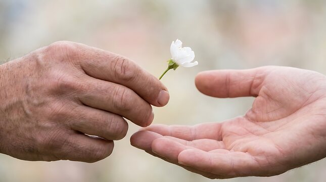 Close-up of an elderly hand gently passing a small white flower to a younger hand, symbolizing care, support, connection, and human kindness