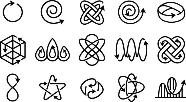 Collection of 15 black and white icons depicting various cyclical and spiral arrows and knots