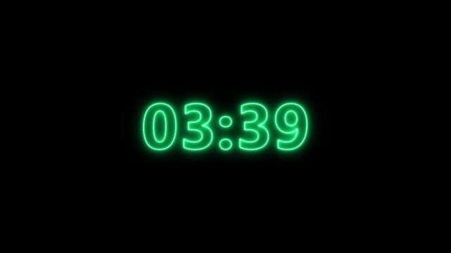 4 minute stopwatch , Analog green neon clock icon animation on black background with alpha channel . 4 minute neon countdown timer.