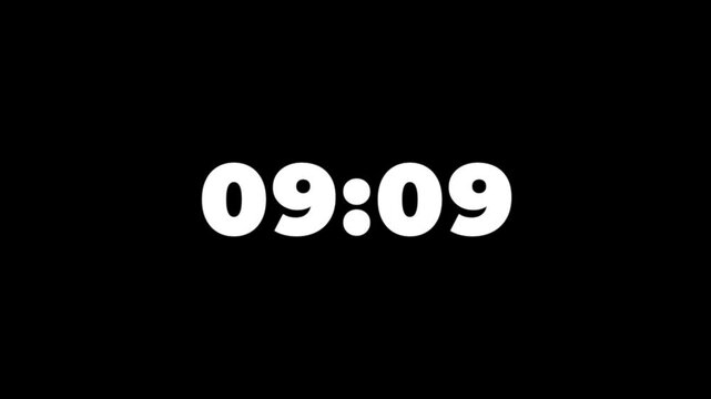 10 minute countdown timer animation from 600 to 0 seconds on black background transparent. Ten minute countdown timer animation.