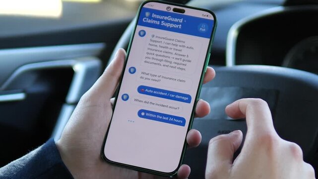 End-to-end auto insurance claims journey via mobile AI chatbot. User selects accident details, claim amount, and receives a step-by-step action plan. Perfect for InsurTech, AI support, and digital cla