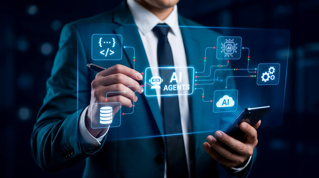 Business professional using AI agents interface with workflow automation, autonomous systems, intelligent business processes, digital transformation, enterprise productivity, and smart technology.