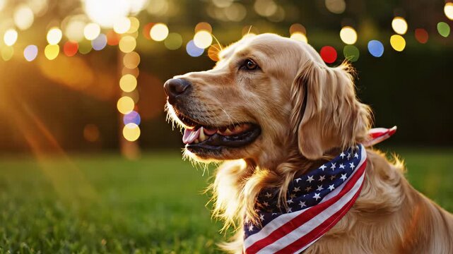 Golden retriever wearing a United States flag patterned bandana sitting on grass. Dog in holiday backyard setting during sunset with blurred lights in background