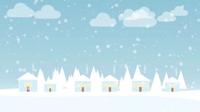 Winter village landscape with falling snow and cozy houses in flat design style