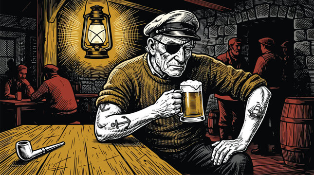 Elderly bartender pouring ale into mug at bar vector illustration.