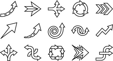 Fototapeta premium Diverse collection of black line art arrows directional symbols for presentations and graphic design