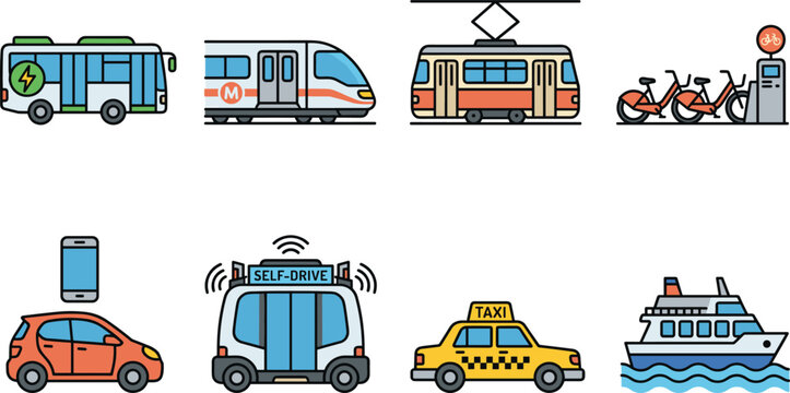 Urban Transportation Icon Set Electric Bus Metro Tram Taxi Ferry and Autonomous Vehicles