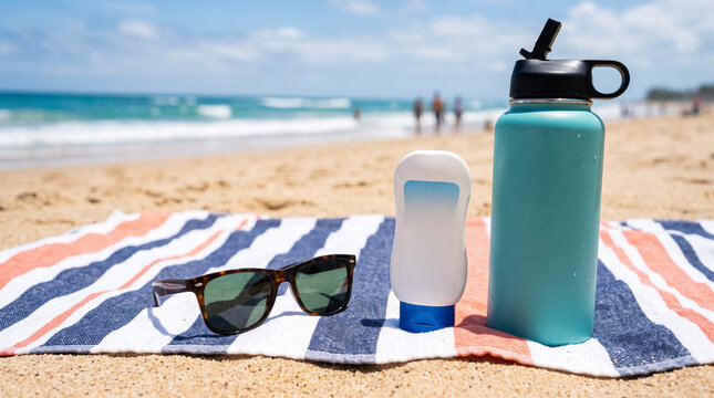 Enjoying a beach day with essential summer accessories for sun protection and hydration on a striped towel