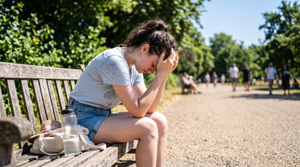 Fototapeta na wymiar Woman experiencing heatstroke and exhaustion in park during severe heatwave, suffering from dehydration and feeling unwell