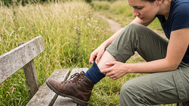 Woman checking her leg for ticks after hiking in nature, concerned about insect bites and diseases outdoors