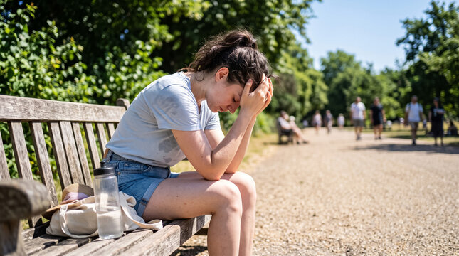 Woman experiencing heatstroke and exhaustion in park during severe heatwave, suffering from dehydration and feeling unwell