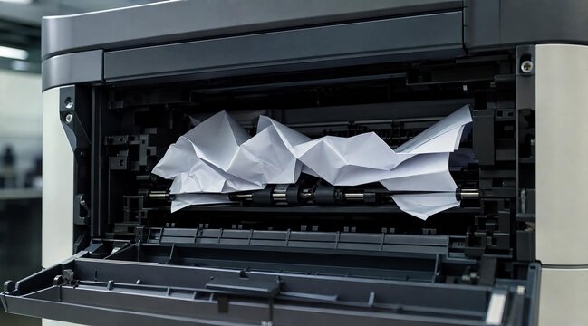 Close up of jammed printer paper