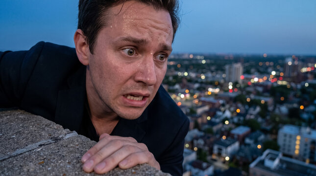 Sweating man experiencing acrophobia while clinging to a rooftop ledge looking down at the urban city lights