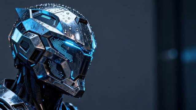 Futuristic robot head with glowing circuits