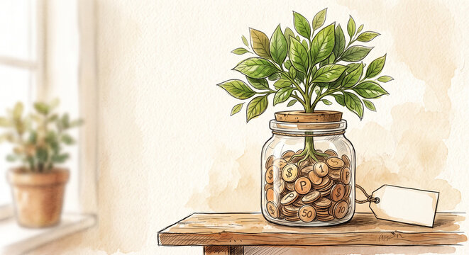 Concept watercolor sketch of a plant growing from a jar of coins