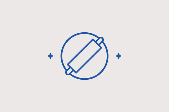 Wooden rolling pin on round dough base line icon for bakery shop. Traditional vector illustration for pastry kitchen, culinary academy, baking course webpage.