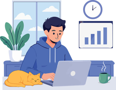 Young man in hoodie working on laptop at cozy workspace atau Developer or student studying with laptop illustration