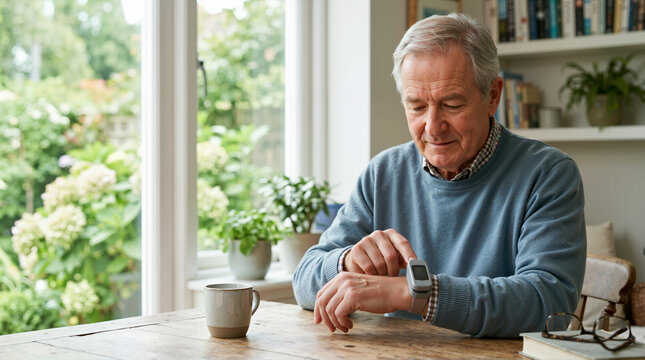 Caucasian elderly man checking heart rate with a pulse oximeter at home. Senior male monitoring health and oxygen levels sitting at a table