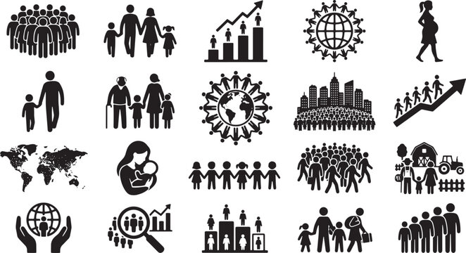 Population and community demographic icon collection for census research social policy urban planning public health education and family development communication materials