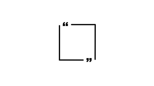 Black outline square quotation mark frame on black background quote speech bubble. Empty square quote frame with quotation marks.4k motion video.