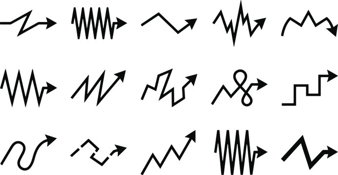 Diverse line graph collection visualizing trends data and progress with black strokes on white