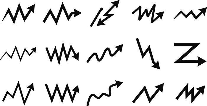 Collection of black arrow growth chart icons for business and finance
