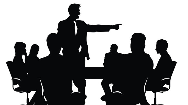 Business leader directs a team meeting while gesturing toward a strategy board to explain goals.
