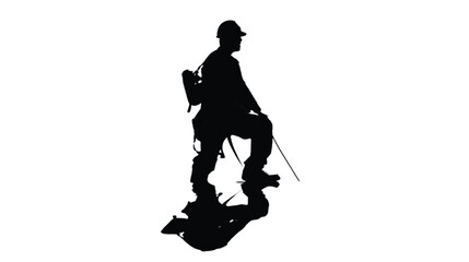 Fototapeta premium Construction worker stands in profile wearing a protective hard hat and carrying a tool bag on his shoulder.