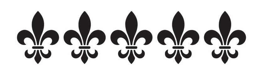 Five identical fleur de lis symbols in black color arranged in a horizontal row on gray checkered surface. © Moni