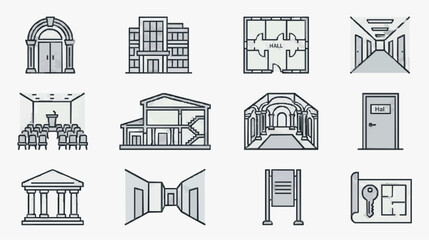 Fototapeta premium Creative Black and White Line Drawing Icons of Architectural and Institutional Buildings Spaces and Access Points