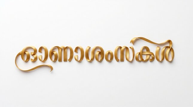 Golden 3D Malayalam Calligraphy Text Reading Onashamsakal for Happy Onam Festival Greetings, Isolated on Clean White Background with Ample Copy Space