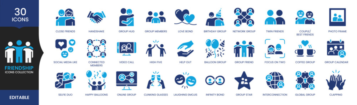 Friendship Icons Set, Social Group, Teamwork, Community, People, Communication, Network, Editable Flat Vector Icon Collection