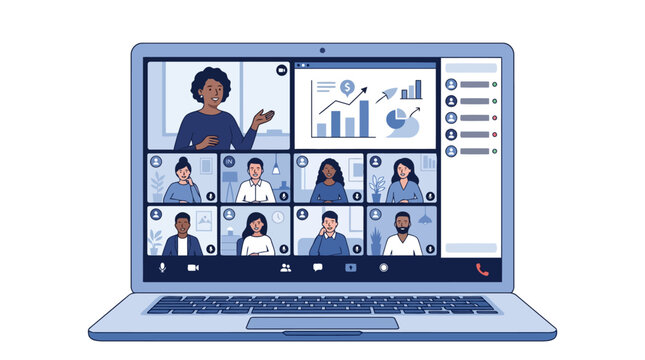 Online virtual classroom with teacher and students on laptop screen