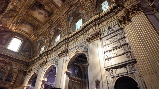View of ceiling and dome frescoes inside Sant Andrea della Valle church in Rome Italy