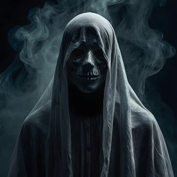 Dark Ghostly Figure in Hooded Cloak with Skull Face