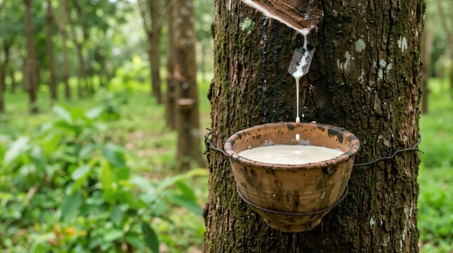 Liquid latex dripping into collection cup. Natural rubber harvesting from tree trunk in plantation