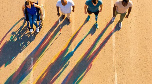 Diverse group of people including woman in wheelchair, blind man with cane, and man with prosthetic leg walking together. Concept of disability inclusion, equality, and diversity.