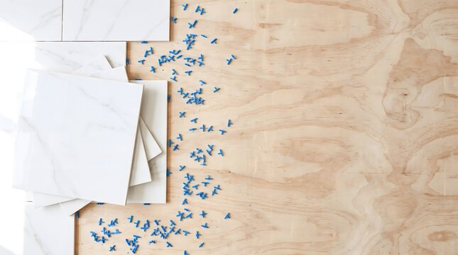White marble tiles stacked on a wooden floor with blue plastic spacers scattered around during a home renovation project