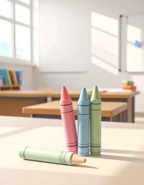 Colorful Crayons Standing on a School Desk in a Classroom.
