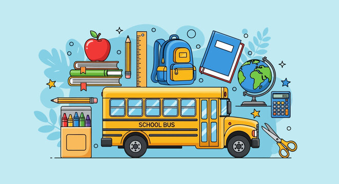 Colorful School Bus with Back to School Supplies Illustration.