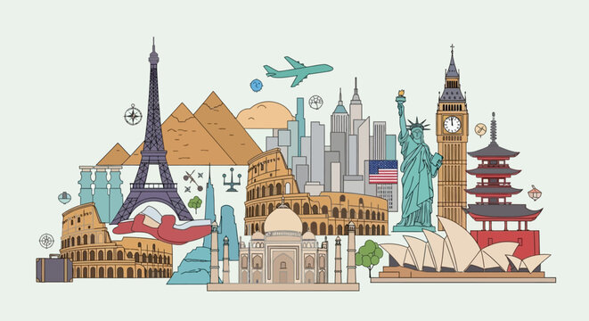 Colorful World Landmarks Skyline Illustration Collection.