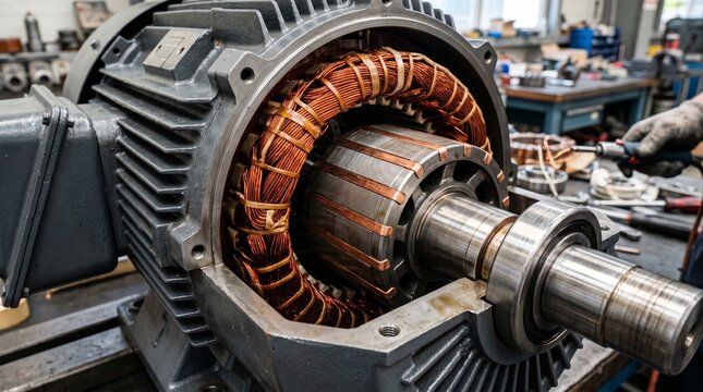 Electric motor with copper windings repaired in industrial workshop